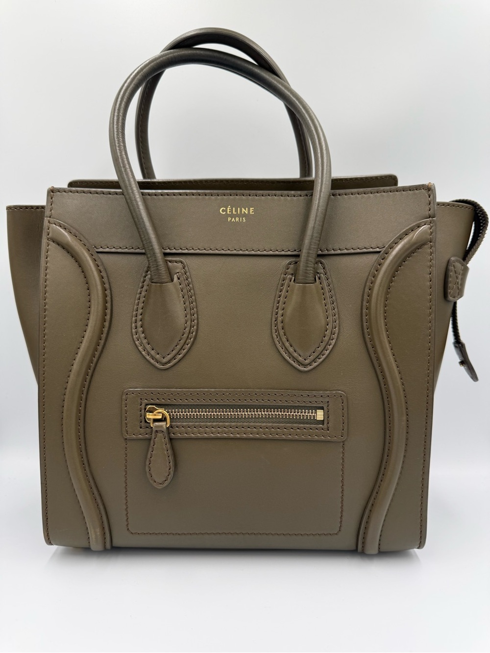 Celine Khaki Luggage Tote with Gold Hardware